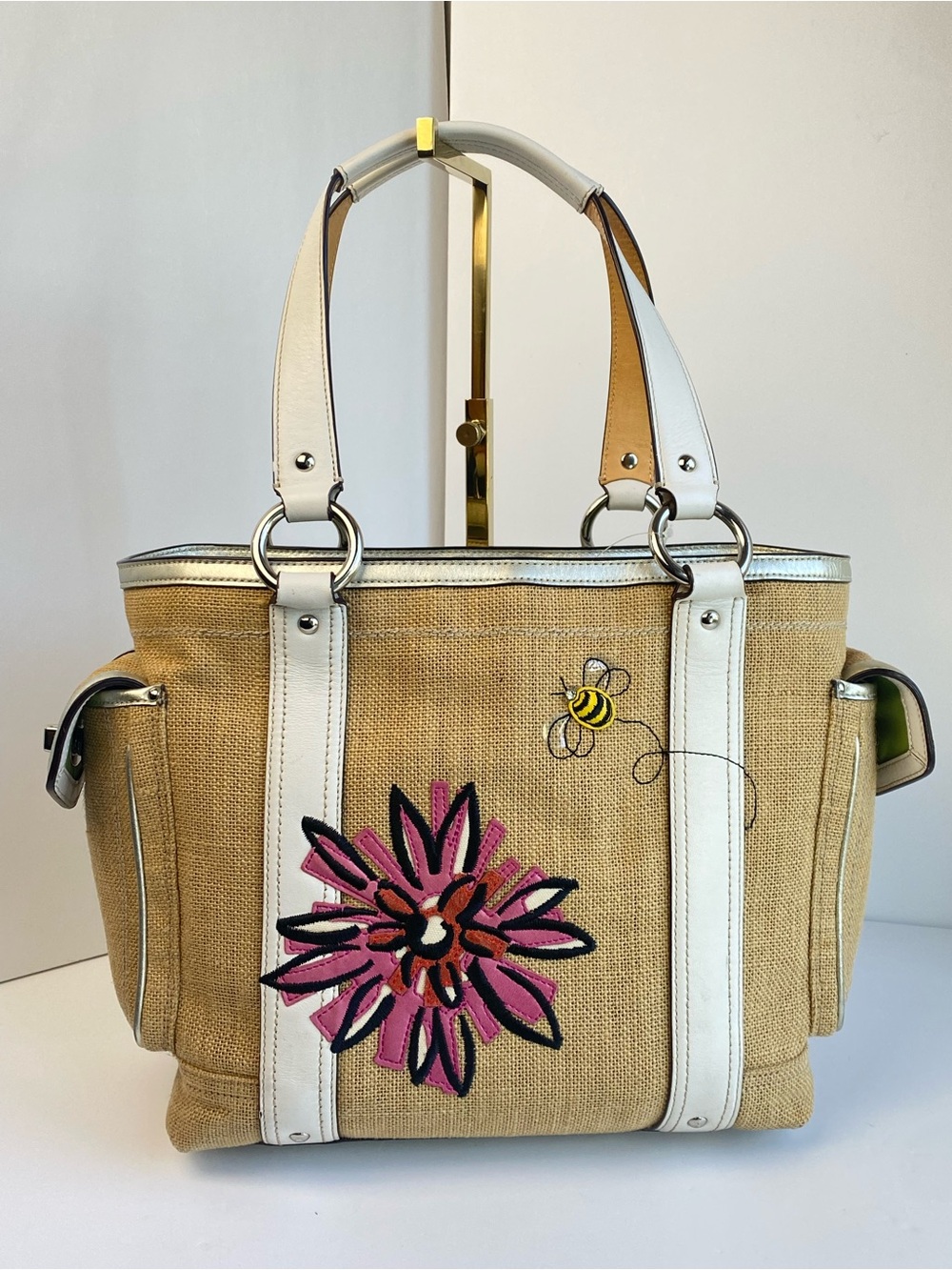 Coach Vintage Rare Floral Bee Woven Straw Gallery Summer Tote Beachbag - Picture 8 of 15